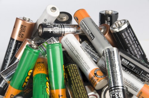 A close-up photograph of a pile of various used batteries, including AA, AAA, and 9-volt types, with different colors and label designs, some metallic, some plastic-coated, and a few with visible corrosion or leakage. The batteries are scattered in a disorganized manner, with some overlapping each other, on a plain surface that suggests an indoor or outdoor setting relevant to waste disposal or recycling. This image is associated with waste management services in Crawley, supporting the need for proper rubbish disposal and recycling practices, particularly for hazardous waste items like batteries that require specialist disposal methods. The focus is on the diverse battery types collected for waste removal, highlighting the importance of responsible disposal as part of environmental management efforts within the local area.
